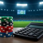 Stacks of colorful poker chips next to a calculator, set in a sportsbook environment