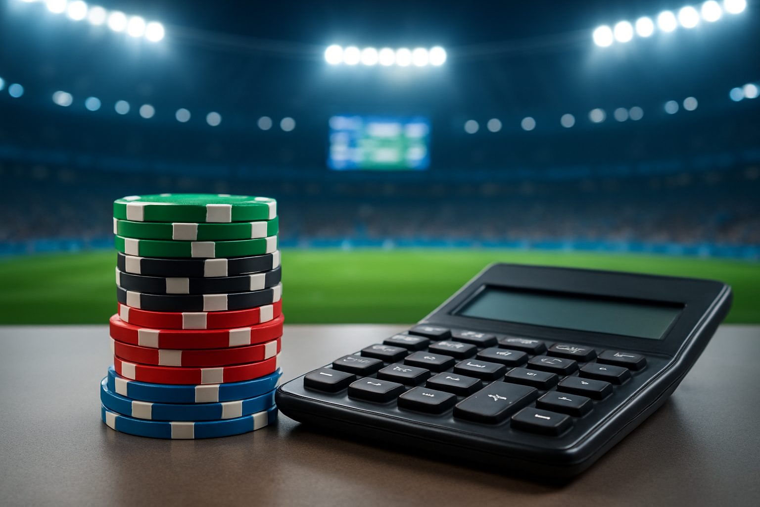 Stacks of colorful poker chips next to a calculator, set in a sportsbook environment