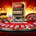 A vibrant casino table with cards, chips, and a slot machine in a colorful setting.