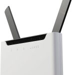 A wireless router with antennas positioned upright
