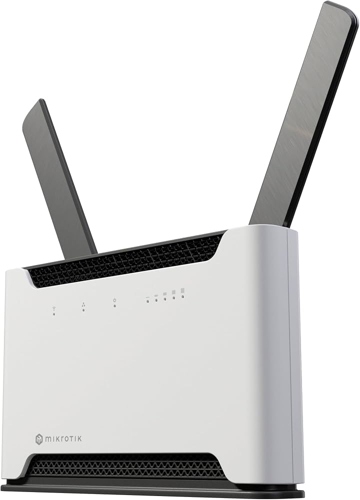 A wireless router with antennas positioned upright